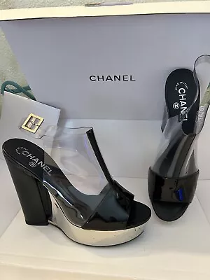 Chanel Platform Leather Wedge Heels Size UK 5.5 (38.5) Black & Silver Sandals • £250