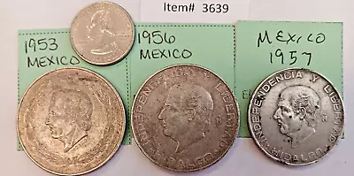 Mexican Silver 3 Coins - 1953 1956 1957 - 74.73g Cinco Pesos - Item #3639 • $53