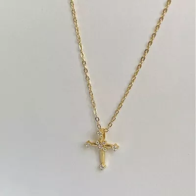 Gold Plated 925 Silver Cubic Zirconia CZ Cross Pendant Necklace Women Girl Gift • £3.97