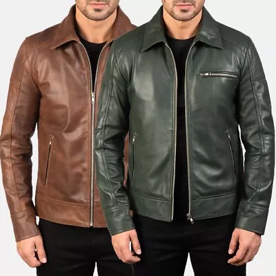 Men's Leather Jacket Cafe Racer Biker Motorcycle Genuine Sheep Leather • $31.99