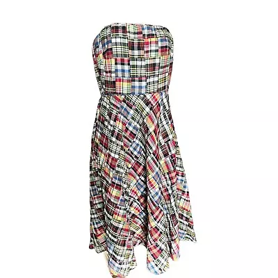 J. CREW Madras Dress 2 VTG Plaid Patchwork Strapless 100% Cotton Lined • $50