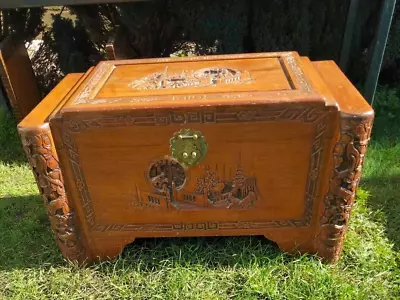 Camphor Wood Carved Storage Chest With Inner Tray. • £110