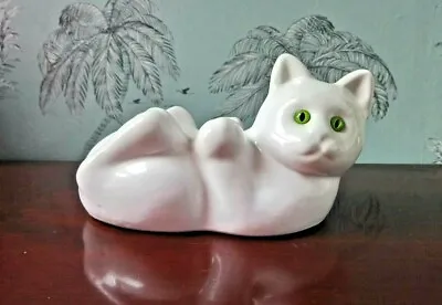 $19.53 • Buy Vtg 80's Ceramic White Cat Lamp Base (no Fitting) Green Glass Eyes Cute Novelty