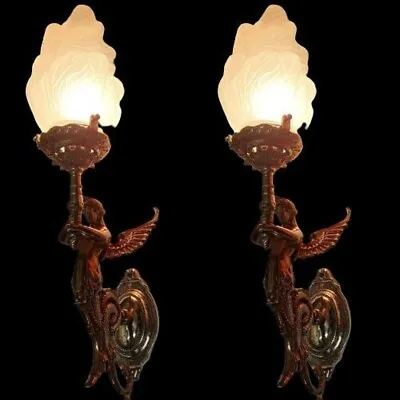 Pair Antique Vintage Old Art Deco Nouveau Brass Mermaid Wall Sconces Light Lamp • $1250