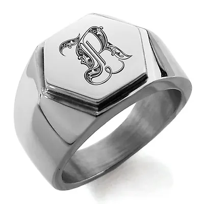 Stainless Steel Royal Initial Monogram Letter R Mens Hexagon Crest Signet Ring • $15