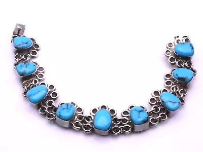 Vintage Sterling Silver Turquoise Link Bracelet Size 7 1/4   Mexico 50.4g 5554 • $38