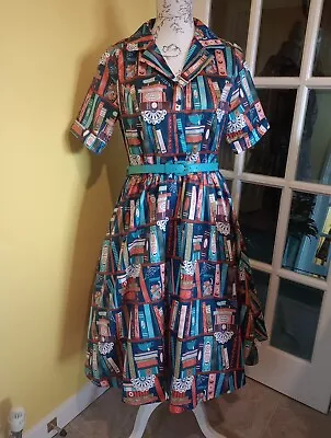 Lindy Bop Bletchley Bookshelf Print Swing Dress Size 12-14 • £26