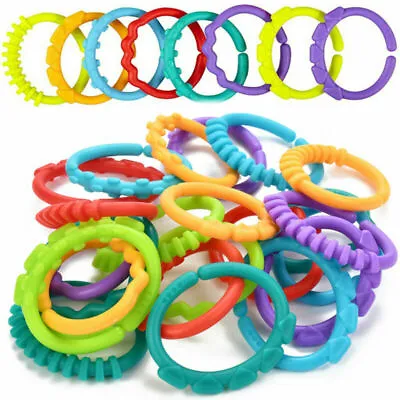 24PC Rainbow Teether Ring Links Plastic Baby Kids Infant Stroller-Play Mat Toys • £7.90