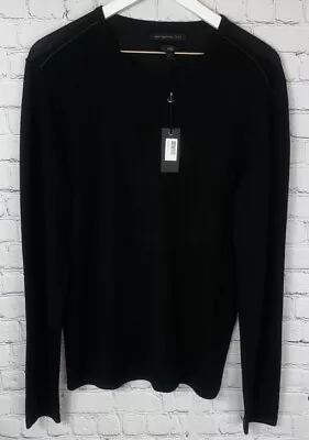 NWT JOHN VARVATOS U.S.A. LUXE Mens’ Black Crewneck Sweater Leather Elbows Medium • $79.99