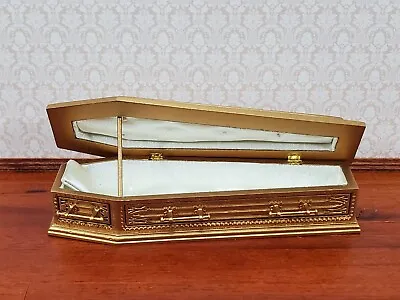 JBM Miniature Coffin Ornate Opens Lined Gold Finished Wood Dollhouse 6  Long • $80