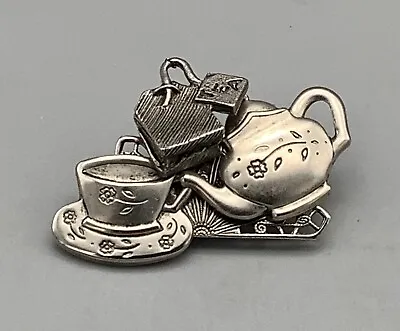 Vintage Teapot-Teacup-Teabag Silver Tone Metal Brooch (NWOT) • £23.27