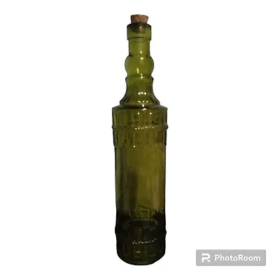 Tall Glass Bottle In Green W/Raised Design On Front & Back W/Cork 12.5  • $12