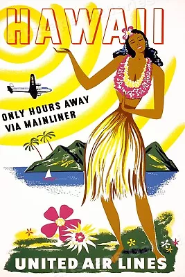 1950s Hawaii Travel Poster - Only Hours Away! - 20x30 • $18.95