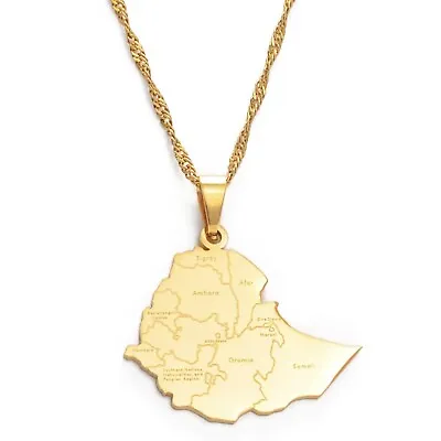 Ethiopia Map Pendant Chain Necklace & Gift Pouch Gold Metal Rastafari Rasta Jah • $14.81