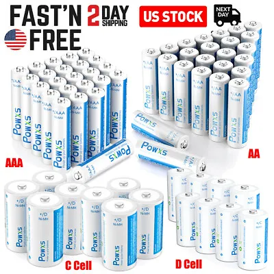 POWXS AAA AA Rechargeable Batteries C D Cell Size R20 R14 NI-MH 1.2V  Lot + Box • $13.59