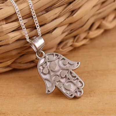 925 Sterling Silver Hamsa Hand Of Fatima Mother Of Pearl Pendant Necklace Boxed • £14.68