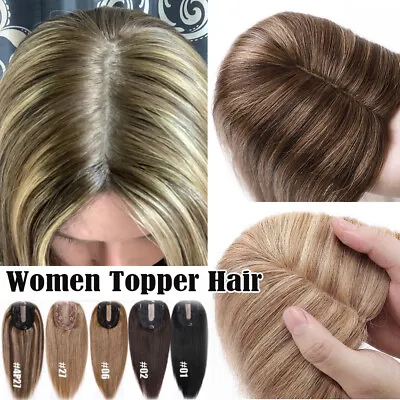 Women Topper Hairpiece Clip In Remy Human Hair Top Toupee Silk Base Thin Hair US • $130.85