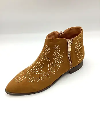 Miss Selfridge Womens Tan Faux Suede Studded Low Heel Ankle Boots Size UK 4 New • £29.99