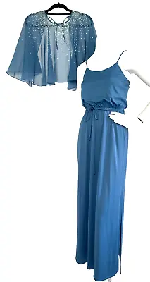 Vintage Maxi Party Dress Norman Berg Denise Fashion Sparkle Caplet Blue XS • $24.95