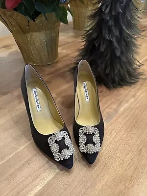 Manolo Blahnik Hangisi Black Jewel Buckle Pump 70mm $1195 • $445