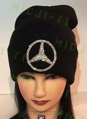 Mercedes Benz Bling 3D Logo Beanie Hat Folded W Swarovski Crystals Black • $59.99