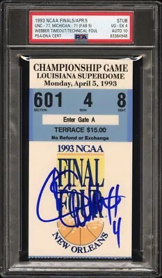 1993 Chris Webber Signed “timeout” Ticket 4/5 Ncaa Finals Fab5/unc Psa 4 Auto 10 • $1999