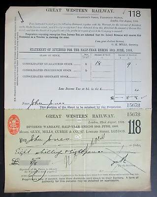 £3.99 • Buy Britain Rare & Very Collectable 1899 G.w. Railway Share Dividend Cheque Attached