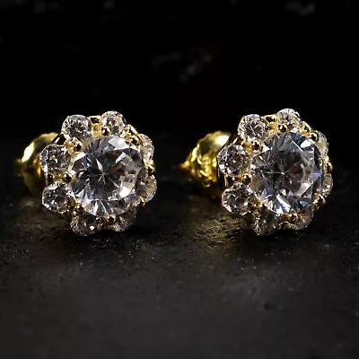 Men's Gold Plated Sterling Silver Iced Cz Pointer Flower Cluster Cz Earrings • $18.99