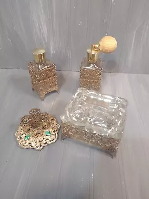 Vintage Gold Ormolu Filigree Metal Glass 50s 60s Vanity Perfume Lipstick Set • $65