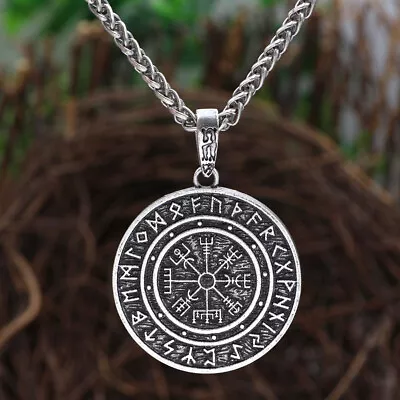 Mens Viking Pirate Compass Pendant Necklace Amulet Vegvisir Odin Steel Chain • $10.99
