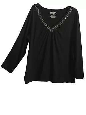 Venezia 22/24 Top Black Knit V-Neck Rhinestones Long Sleeves Gathered Front Plus • $17.50