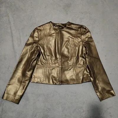 Marks & Spencer Jacket Womens 14 Gold Leather Collarless Zip Up Crop Lined Metal • £39.68