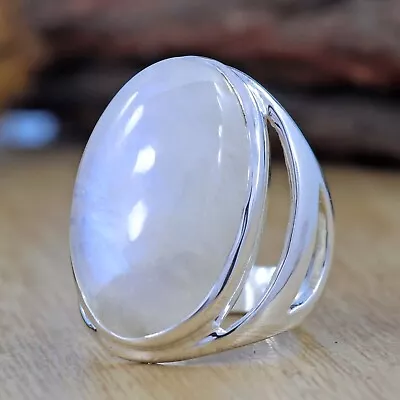 Large Oval Rainbow Moonstone Silver Designer Mens Ring Gift For Him & Friends • $46.74