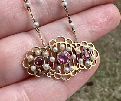 ANTIQUE VICTORIAN EDWARDIAN RUBY SEED PEARL 14k GOLD  PENDANT  NECKLACE  18  • £605.24