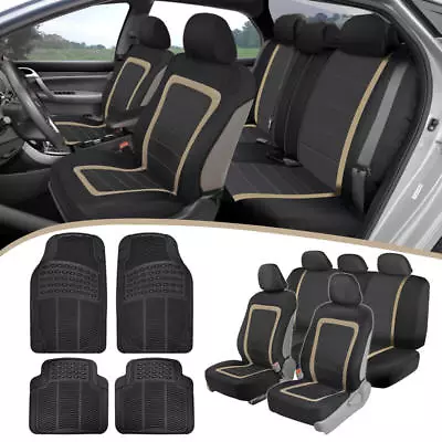 Smooth Black Car Seat Covers +Ridged Performance Rubber Floor Liners Auto Mats • $44.95