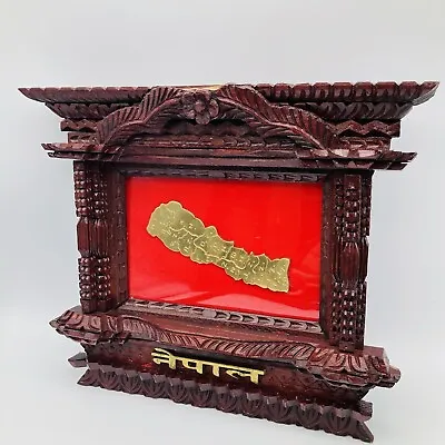 VTG Hand Carved Wood Nepalese Window Frame W/Brass Map Of 14 Zones Ankhi Jhyal • $18.95