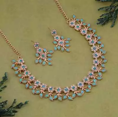 Indian Bollywood Kundan Rose Plated Sky Blue Choker Necklace Fashion Jewelry Set • $15.17