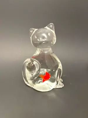 Crystal Clear Glass Cat With Red Fish In Belly Paperweight 5 1/2  Murano Style • $20