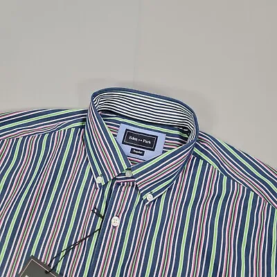 Eden Park Mens Shirt Blue Green Large Striped Long Sleeves Cotton Button Up • £44.99