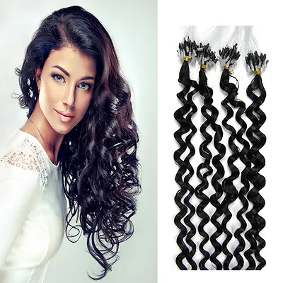 Curly Remy Human Hair Extensions Micro Ring Beads Loop Tip Hair Black 100S20inch • $37.80