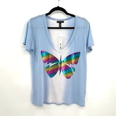 $29 • Buy LAUREN MOSHI X AQUA Blue Rainbow Metallic Butterfly V-Neck T-Shirt Size Small