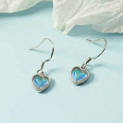 Shiny 925 Sterling Silver Moon Stone Love Heart Dangle/Drop Hook Earrings Gift • £3.29