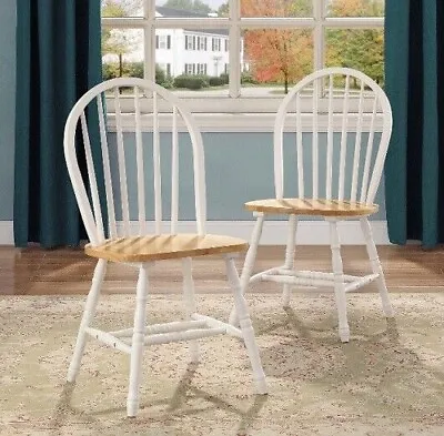 Vintage Country Dining Chair Set 2 Pc Kitchen Solid Wood Windsor Style White Oak • $119.99