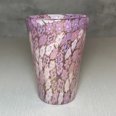 Hand Blown Murano Glass Pink Millefiore Gold Adventurine Floral Tumbler 3.5  • $84