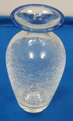 Heavy Crackle Art Glass 8  Vase Clear With Blue Rim Hand Blown • $14.95