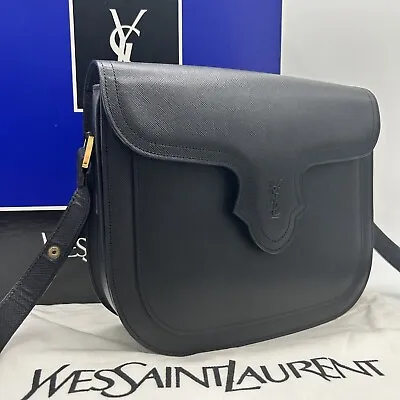 Yves Saint Laurent Shoulder Bag Black Saffiano Leather Vintage Auth W/Box #0157 • $399.99