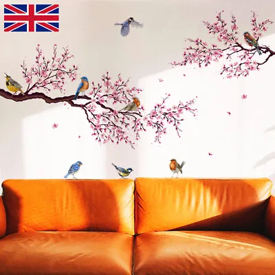 Pink Cherry Blossom Branch Wall Stickers Flower Bird Tree Wall Decals Removable • £4.99