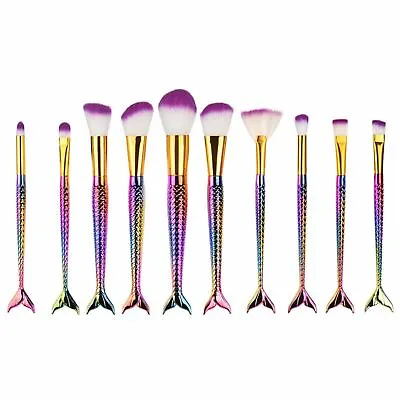 10 Pcs Mermaid Tail Make Up Brushes Set Rainbow Foundation Blusher Face Powder • £12.69