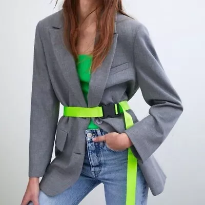Zara Oversized Boyfriend Blazer Jacket Grey With Neon Utility Buckle Belt L/XL • £117.25
