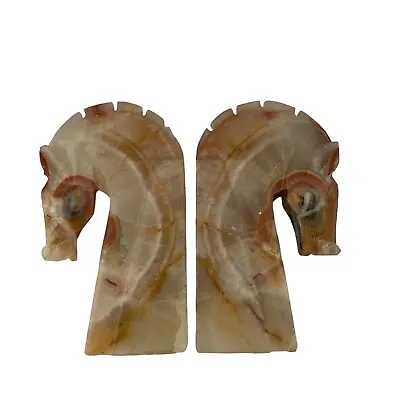 Pair VTG MCM Alabaster Hand Carved Horse Head Bookends No Base • $45